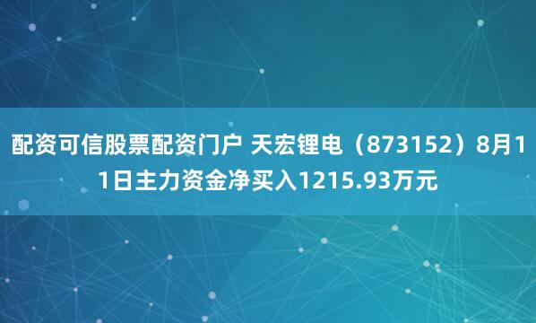配资可信股票配资门户 天宏锂电（873152）8月11日主力资金净买入1215.93万元